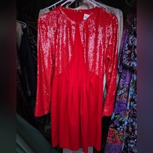 Reiss Vibrant Red Sequin Long Sleeve Dress